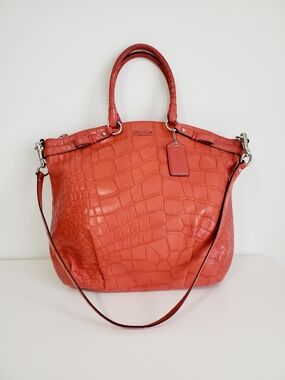 Coach Coral-Red Croc-Embossed Leather Shoulder Bag Coach